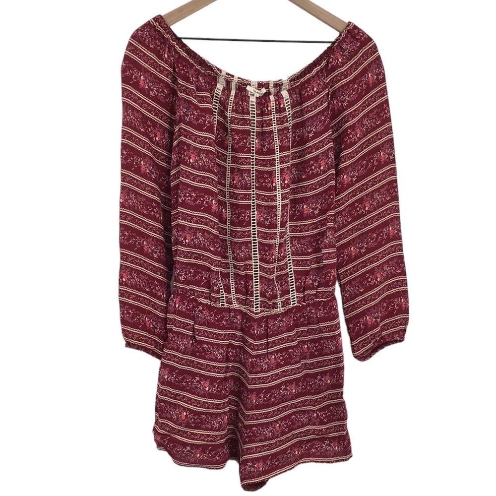 Tularosa Romper Womens Small Red Cream Floral Striped‎ Ruched Boho Long Sleeve